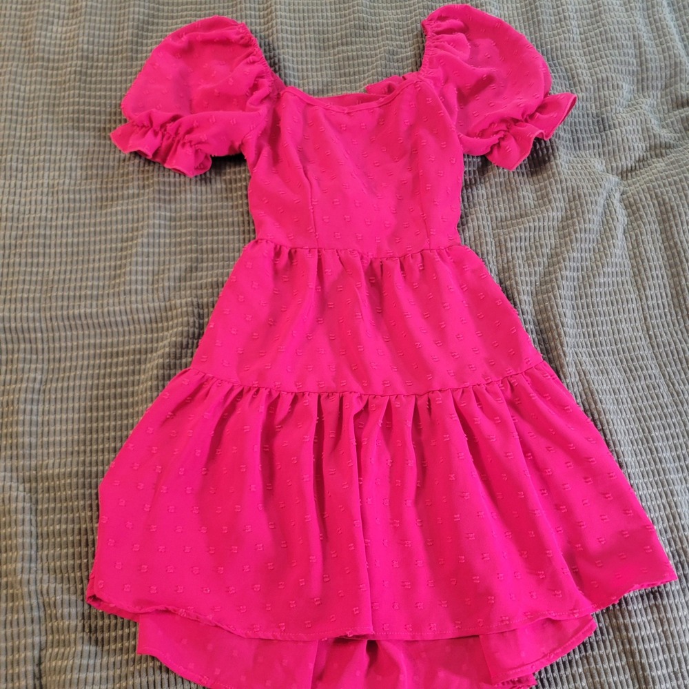 SHEIN Women Mini Dress XS Pink Swiss Dot Puff Sleeve Tie Back Romantic Coquette